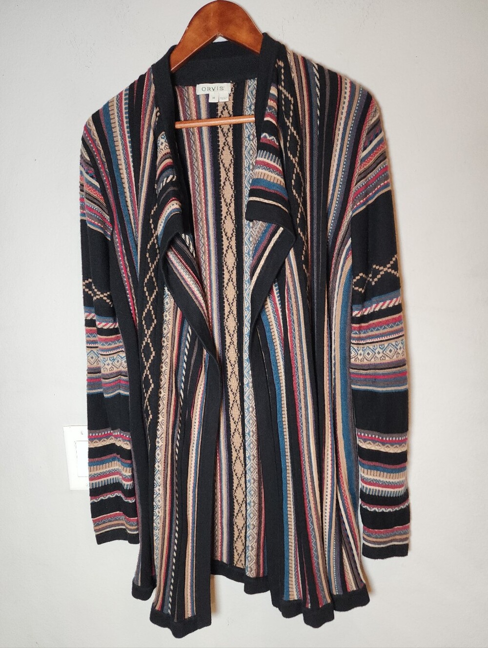 Orvis Wool Blend Blanket Stripe Cardigan Textured Open Front Size Medium